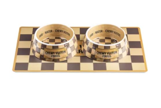 Checker Chewy Vuiton Bowls and Placemat